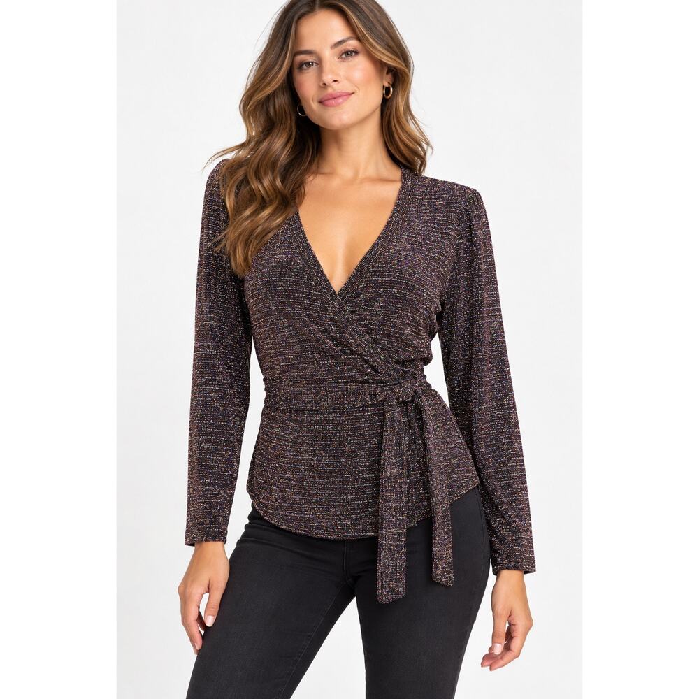 PAIGE Jasper Wrap Top L Metallic Multi Shimmer Long Sleeve Tie Waist NWT